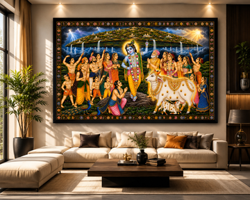 Govardhan Leela Shri Krishna Canvas Painting | Lord Krishna Lifting Govardhan Hill | Vastu Wall Art for Home, Living Room, Office & Temple | Premium Canvas Painting