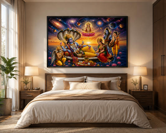 Cosmic Vishnu Lakshmi Painting with Brahma, Shiva & Narad | Vastu Canvas Wall Art for Home Temple, Living Room & Office | Premium Hindu Devotional Painting
