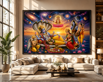 Cosmic Vishnu Lakshmi Painting with Brahma, Shiva & Narad | Vastu Canvas Wall Art for Home Temple, Living Room & Office | Premium Hindu Devotional Painting