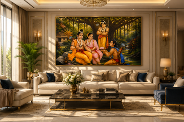 Ram Darbar Vanvas Canvas Painting for Vastu | Lord Ram, Sita, Lakshman, Bharat & Devotion | Family Harmony, Peace & Positive Energy | Premium Spiritual Wall Art