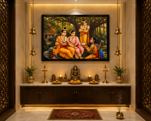 Ram Darbar Vanvas Canvas Painting for Vastu | Lord Ram, Sita, Lakshman, Bharat & Devotion | Family Harmony, Peace & Positive Energy | Premium Spiritual Wall Art