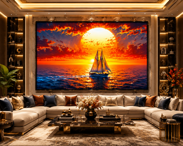 Sailing Ship with Rising Sun Canvas Painting for Vastu | Success, Prosperity, Growth & Positive Energy | Premium Ocean Landscape Wall Art