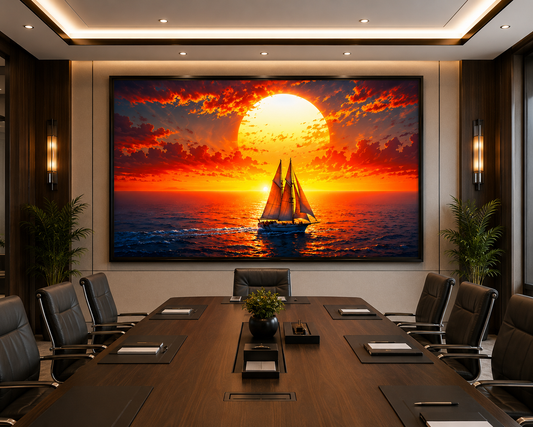 Sailing Ship with Rising Sun Canvas Painting for Vastu | Success, Prosperity, Growth & Positive Energy | Premium Ocean Landscape Wall Art