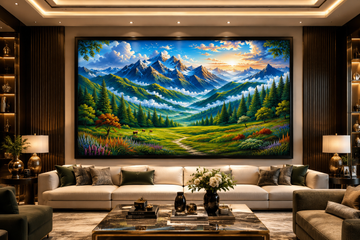 Mountain Landscape Canvas Painting for Vastu | Snow Mountains, Sunrise & Green Valley | Peace, Prosperity & Positive Energy | Premium Nature Wall Art