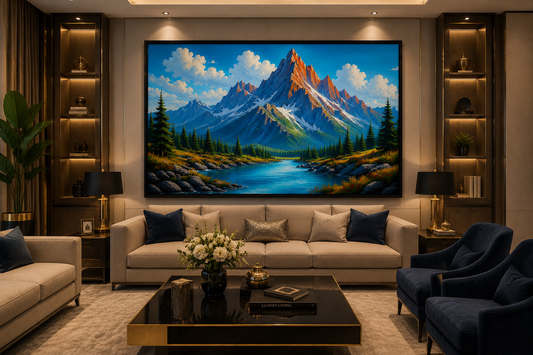 Mountain River Landscape Canvas Painting for Vastu | Majestic Mountains, Flowing River & Positive Energy | Stability, Prosperity & Premium Nature Wall Art