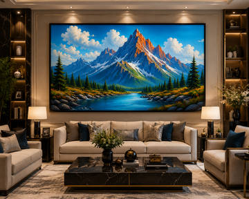 Mountain River Landscape Canvas Painting for Vastu | Majestic Mountains, Flowing River & Positive Energy | Stability, Prosperity & Premium Nature Wall Art
