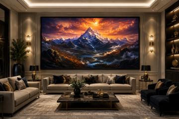 Majestic Mountain Valley Canvas Painting for Vastu | Snow-Capped Mountains, Flowing River & Sunrise Landscape | Stability, Success & Positive Energy Wall Art