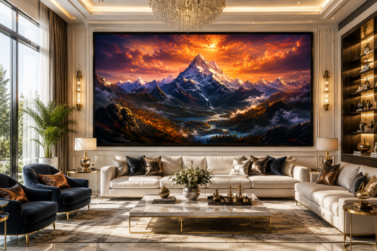Majestic Mountain Valley Canvas Painting for Vastu | Snow-Capped Mountains, Flowing River & Sunrise Landscape | Stability, Success & Positive Energy Wall Art