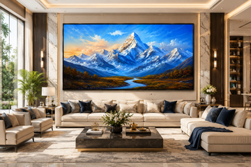 Snow Mountain River Canvas Painting for Vastu | Majestic Himalayan Landscape Wall Art | Stability, Prosperity & Positive Energy Canvas Print