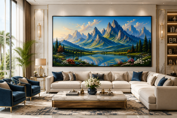 Snow Mountain River Canvas Painting for Vastu | Majestic Himalayan Landscape Wall Art | Stability, Prosperity & Positive Energy Canvas Print