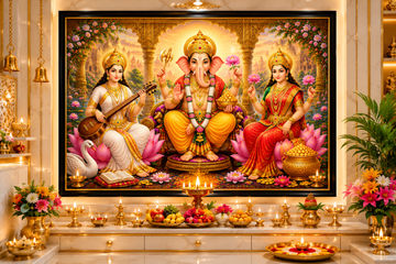 Lord Ganesha with Goddess Lakshmi & Saraswati Canvas Painting for Vastu | Divine Hindu Wall Art for Wealth, Wisdom & Success | Premium Spiritual Canvas Print