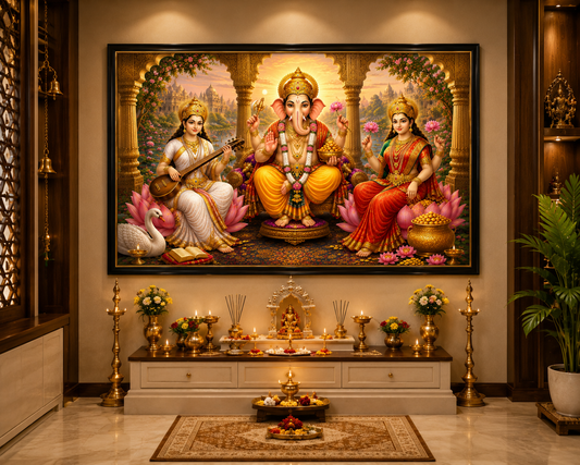 Lord Ganesha with Goddess Lakshmi & Saraswati Canvas Painting for Vastu | Divine Hindu Wall Art for Wealth, Wisdom & Success | Premium Spiritual Canvas Print