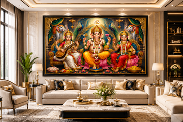 Lord Ganesha with Goddess Lakshmi & Saraswati Canvas Painting for Vastu | Ganpati Lakshmi Saraswati Wall Art | Wealth, Wisdom, Success & Positive Energy
