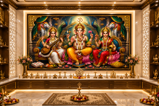 Lord Ganesha with Goddess Lakshmi & Saraswati Canvas Painting for Vastu | Ganpati Lakshmi Saraswati Wall Art | Wealth, Wisdom, Success & Positive Energy