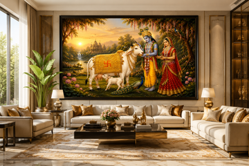 Radha Krishna with Kamdhenu Cow Canvas Painting for Vastu | Divine Cow & Calf Wall Art | Prosperity, Peace & Positive Energy