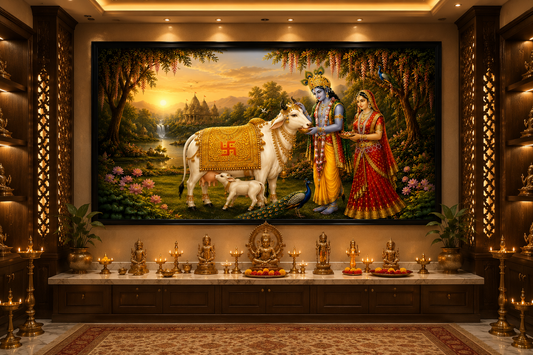 Radha Krishna with Kamdhenu Cow Canvas Painting for Vastu | Divine Cow & Calf Wall Art | Prosperity, Peace & Positive Energy