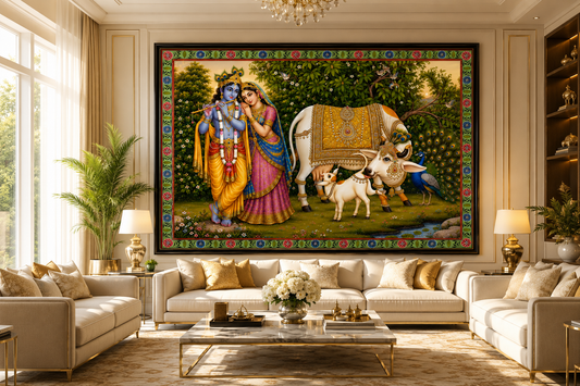 Radha Krishna with Kamdhenu Cow Canvas Painting for Vastu | Divine Krishna Cow Wall Art for Wealth, Love & Positive Energy