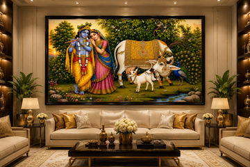 Radha Krishna with Kamdhenu Cow Canvas Painting for Vastu | Divine Krishna Cow Wall Art for Wealth, Love & Positive Energy