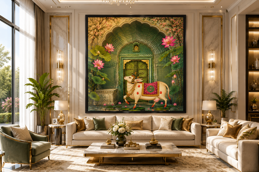 Sacred Kamdhenu Cow Canvas Painting for Vastu | Divine Gau Mata Wall Art for Wealth, Peace & Prosperity