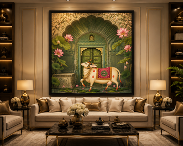 Sacred Kamdhenu Cow Canvas Painting for Vastu | Divine Gau Mata Wall Art for Wealth, Peace & Prosperity