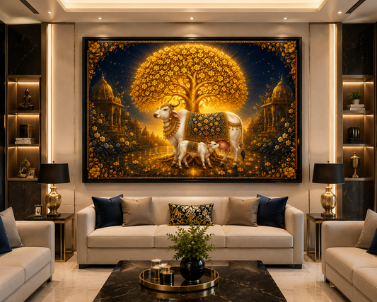 Kamdhenu Cow with Calf & Golden Tree of Life Canvas Painting for Vastu | Sacred Gau Mata Wall Art for Wealth, Prosperity & Positive Energy