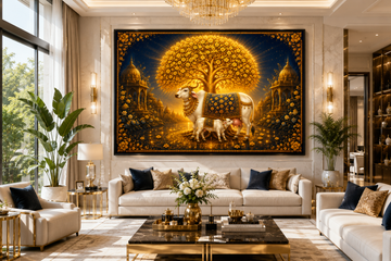 Kamdhenu Cow with Calf & Golden Tree of Life Canvas Painting for Vastu | Sacred Gau Mata Wall Art for Wealth, Prosperity & Positive Energy