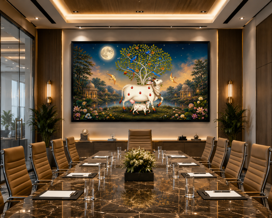 Kamdhenu Cow with Tree of Life Canvas Painting for Vastu | Sacred Gau Mata Wall Art for Wealth, Peace & Positive Energy