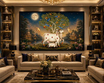 Kamdhenu Cow with Tree of Life Canvas Painting for Vastu | Sacred Gau Mata Wall Art for Wealth, Peace & Positive Energy