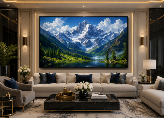 Snow-Capped Himalayan Mountain Canvas Painting for Vastu | Majestic Peak Landscape Wall Art | Stability, Success & Prosperity Canvas Print