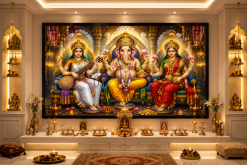 Lord Ganesha with Goddess Lakshmi & Saraswati Canvas Painting for Vastu | Ganpati Lakshmi Saraswati Wall Art | Wealth, Wisdom & Prosperity Canvas Print