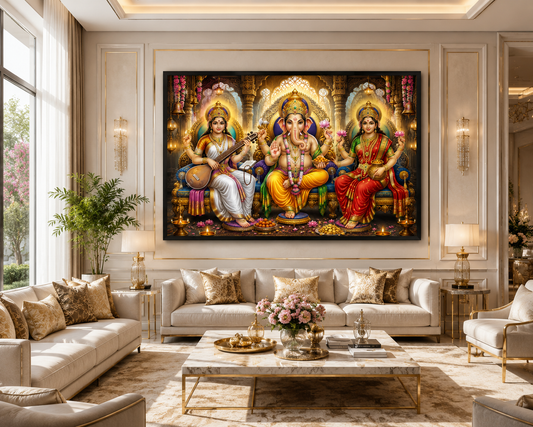 Lord Ganesha with Goddess Lakshmi & Saraswati Canvas Painting for Vastu | Ganpati Lakshmi Saraswati Wall Art | Wealth, Wisdom & Prosperity Canvas Print