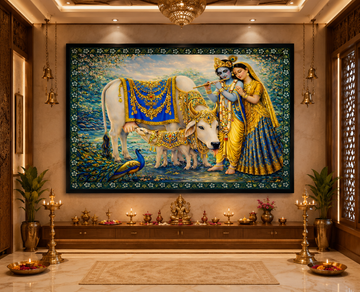 Radha Krishna with Kamdhenu Ji Printed Canvas Cloth Painting | Hindu Spiritual Wall Art | Krishna Bhakti Home Decor