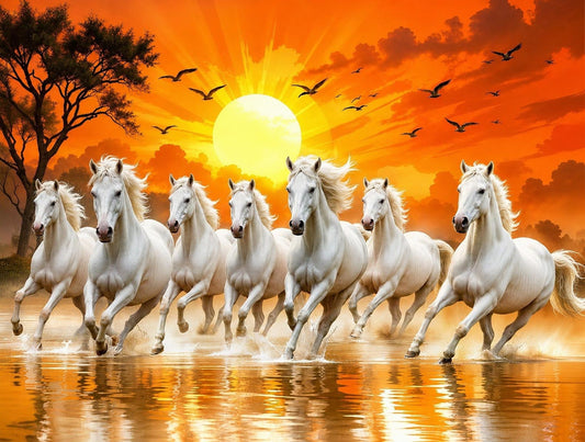 Seven White Running Horses Canvas Painting for Vastu | Wealth, Success & Positive Energy | Premium Wall Art for Home & Office