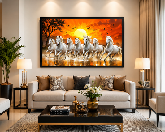 Seven White Running Horses Canvas Painting for Vastu | Wealth, Success & Positive Energy | Premium Wall Art for Home & Office
