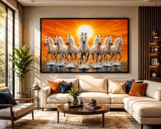 Seven White Running Horses Canvas Painting for Vastu | Sunrise Symbol of Wealth, Success & Positive Energy | Premium Wall Art for Home & Office