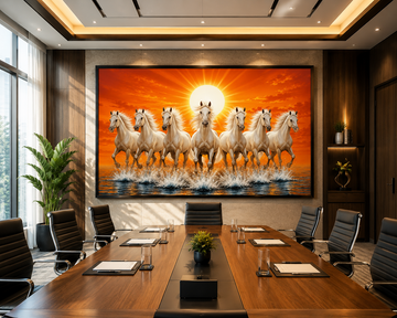 Seven White Running Horses Canvas Painting for Vastu | Sunrise Symbol of Wealth, Success & Positive Energy | Premium Wall Art for Home & Office