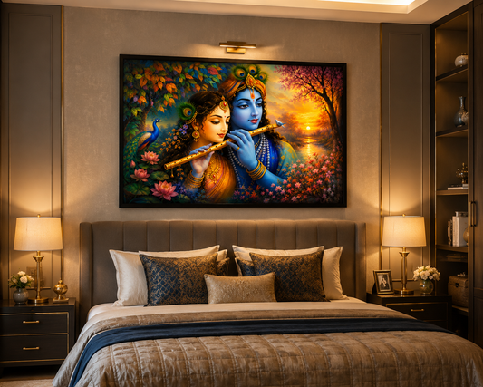 Radha Krishna Divine Flute Canvas Painting for Vastu | Love, Prosperity, Peace & Positive Energy | Premium Spiritual Wall Art for Home & Office