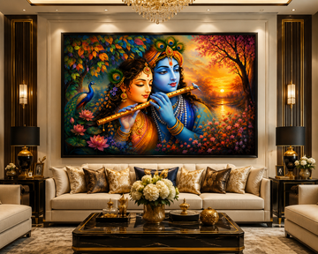 Radha Krishna Divine Flute Canvas Painting for Vastu | Love, Prosperity, Peace & Positive Energy | Premium Spiritual Wall Art for Home & Office