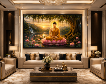 Meditating Buddha on Lotus Canvas Painting for Vastu | Peace, Prosperity, Positive Energy & Spiritual Harmony | Premium Wall Art for Home & Office