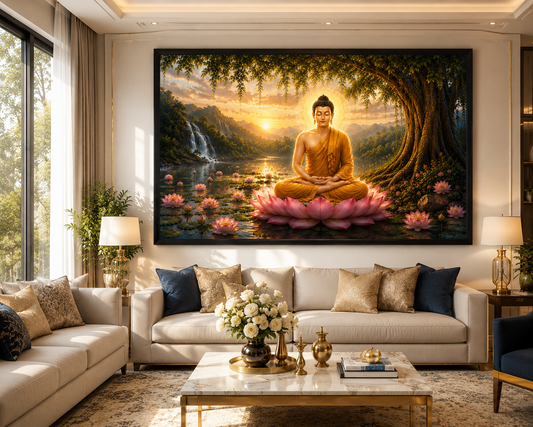 Meditating Buddha on Lotus Canvas Painting for Vastu | Peace, Prosperity, Positive Energy & Spiritual Harmony | Premium Wall Art for Home & Office