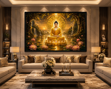 Golden Meditating Buddha Canvas Painting for Vastu | Wealth, Peace, Prosperity & Positive Energy | Premium Spiritual Wall Art for Home & Office