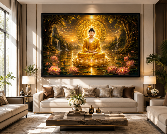 Golden Meditating Buddha Canvas Painting for Vastu | Wealth, Peace, Prosperity & Positive Energy | Premium Spiritual Wall Art for Home & Office