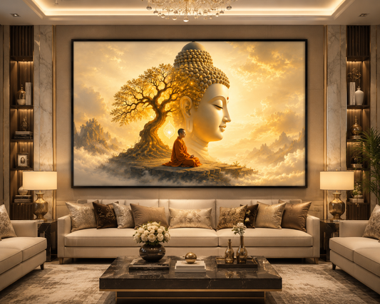 Golden Buddha & Bodhi Tree Canvas Painting for Vastu | Peace, Wisdom, Prosperity & Positive Energy | Premium Spiritual Wall Art