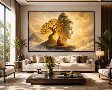 Golden Buddha & Bodhi Tree Canvas Painting for Vastu | Peace, Wisdom, Prosperity & Positive Energy | Premium Spiritual Wall Art