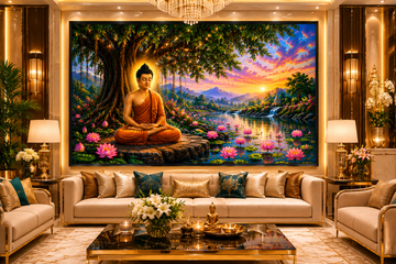 Meditating Buddha Under Bodhi Tree Canvas Painting for Vastu | Peace, Prosperity, Wisdom & Positive Energy | Premium Spiritual Wall Art