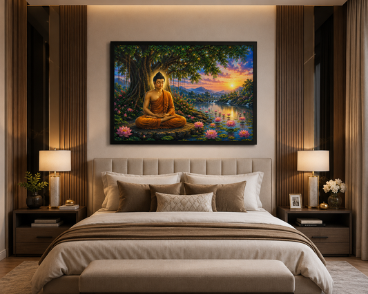 Meditating Buddha Under Bodhi Tree Canvas Painting for Vastu | Peace, Prosperity, Wisdom & Positive Energy | Premium Spiritual Wall Art