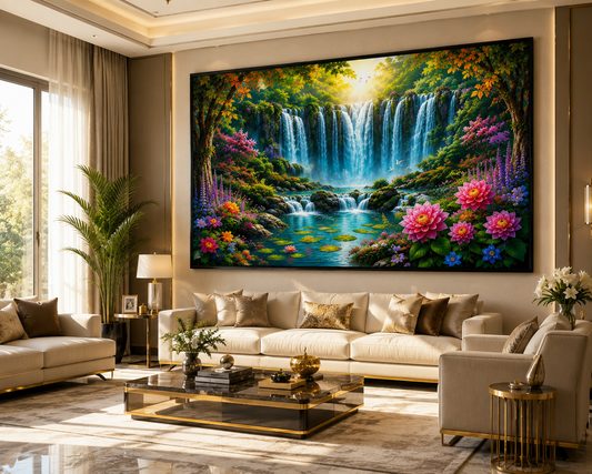 Luxury Waterfall Landscape Canvas Painting for Vastu | Flowing Water, Wealth, Prosperity & Positive Energy | Premium Nature Wall Art for Home & Office