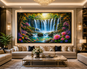 Luxury Waterfall Landscape Canvas Painting for Vastu | Flowing Water, Wealth, Prosperity & Positive Energy | Premium Nature Wall Art for Home & Office