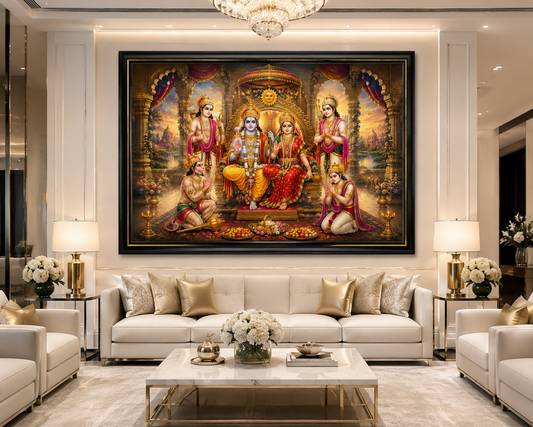 Ram Darbar Canvas Painting for Vastu | Lord Ram, Sita, Lakshman & Hanuman | Peace, Prosperity & Family Harmony | Premium Spiritual Wall Art