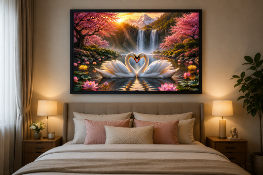 Pair of White Swans Canvas Painting for Vastu | Love, Harmony, Peace & Prosperity | Premium Nature Wall Art for Home & Office